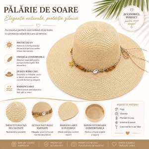 Pălărie de Soare Damă Bej cu Bor Lat și Accesorii Boho - Img 2