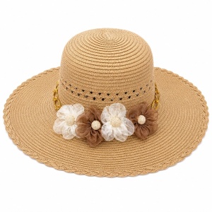 Palarie de Soare pentru Femei, Bej , cu Floricele Decorative, Boruri Largi