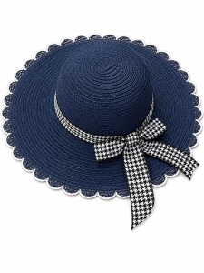 Palarie de Soare pentru Femei Bleumarin cu Fundita Alb-Negru Eleganta – Model Chic de Vara