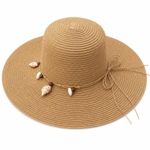 Palarie de Soare pentru Femei, Maro , cu Scoici Decorative si Fundita, Boruri Largi, Eleganta de Vara