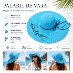 Palarie de vara albastra eleganta cu broderie decorativa pentru plaja si vacante - Img 2