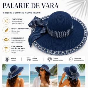 Palarie de vara bleumarin eleganta cu funda decorativa pentru plaja si vacante - Img 2