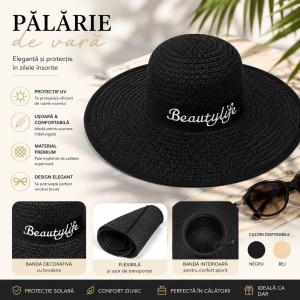 Palarie de Vara Neagra pentru Femei cu Broderie Decorativa si Protectie UV - Img 2