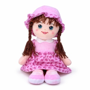 Papusa textila muzicala 40 cm, canta „Bau Bau”, rochie roz deschis cu inimioare, jucarie copii +3 ani - Img 2