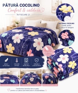 Patura Cocolino Pufoasa cu Model Floral Multicolor, 200x220 cm, Mov Inchis