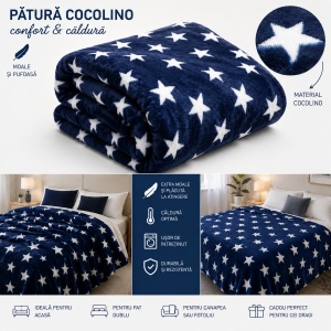 Patura Cocolino Pufoasa cu Stele Albe, Bleumarin, 200x220 cm - Img 2