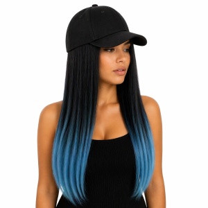 Peruca lunga 50 cm cu sapca neagra, par negru cu ombre albastru - Img 2