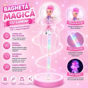 Set 10 baghete magice cu lumini LED roz deschis si papusica in glob pentru copii