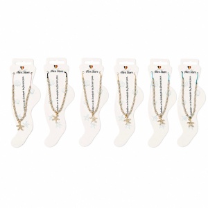 Set 12 bratari de picior Roxe, 20cm, cu steluta aurie si perle albe, reglabile