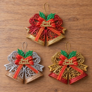 Set 12 Clopoței decorativi de Crăciun cu fundiță, ornament brad, 3 culori, plastic - Img 4