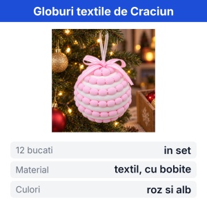 Set 12 globuri de Craciun textile, roz cu alb, cu snur pentru agatat, 34x24x7cm - Img 2