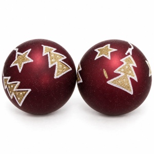 Set 2 Globuri de Crăciun, Vișiniu Mat, cu Brăduți și Steluțe Aurii cu Sclipici, 20x10cm - Img 6