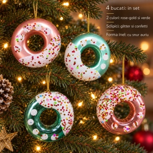 Set 4 globuri decorative de Craciun, rose-gold si verde, cu sclipici,14x14x3cm - Img 4
