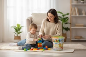 Set Blocuri de Construit Play Learn , 85 Piese , Galetusa din Plastic , Dimensiuni Mari , 23.5x23cm - Img 2