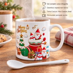 Set cană ceramică cu lingurița, model Moș Crăciun, decor Merry Christmas, 14x14 cm - Img 2