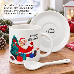 Set cană ceramică de Crăciun cu linguriță și farfurioară, Merry Christmas, 16x18cm - Img 3