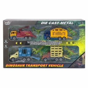 Set cu 4 masinute die cast metal cu dinozauri, 13.5 cm