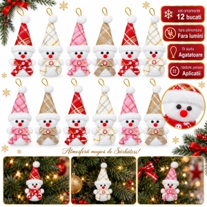 Set de 12 Ornamente de brad cu om de zăpadă, diverse culori , 22x7 cm