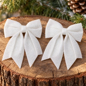 Set de 2 buc Cu Fundițe decorative de Crăciun albe cu sclipici, prindere plastic, 30x20 cm - Img 8