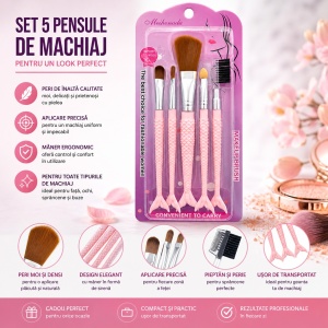 Set de 5 Pensule de Machiaj Roz – Pensule Profesionale în Formă de Sirenă - Img 2