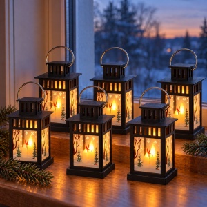 Set de 6 Felinare decorative de Crăciun cu LED, negru, din plastic, 15x8cm - Img 2
