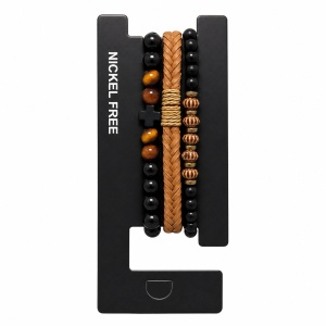 Set format din 3 bratari reglabile barbati margele negre maro si design impletit maro Roxe