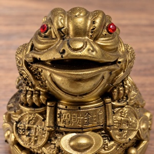 Statuetă broască Feng Shui cu bănuți, rășină, aurie, aprox. 8 × 7,5 cm - Img 4