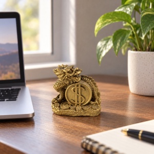 Statuetă feng shui dragon cu monedă norocoasă, ceramică aurie, aprox. 9 × 8 cm - Img 3