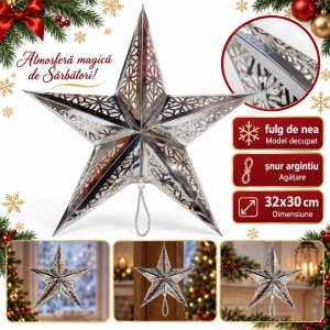 Stea decorativă de Crăciun argintie, model fulg de nea, cu șnur, 45 cm