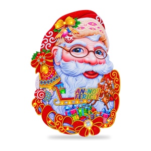 Sticker decorativ Craciun cu Mos Craciun, model colorat cu glitter, pentru geam, 67x50cm