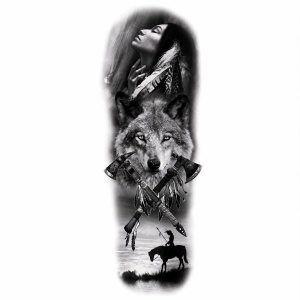 Tatuaj Semipermanent cu Lup, Siluetă Feminină și Elemente Native – 45 cm