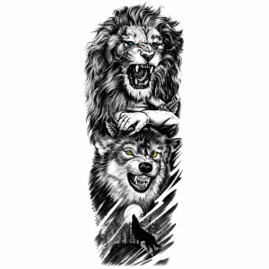 Tatuaj Semipermanent Leu și Lup – 45 cm - Design Realist Black & Grey