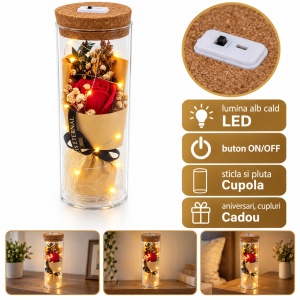 Trandafir rosu de săpun în cupolă de sticlă cu lumini LED, buton ON/OFF, 25 cm