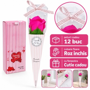 Trandafir roz inchis artificial, in cutie cadou transparentă cu funda, 25cm