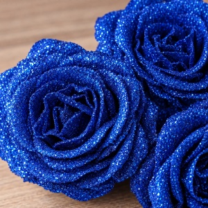 Trandafiri artificiali cu sclipici, set 30 bucăți, albastru-închis, plastic, 8cm - Img 4