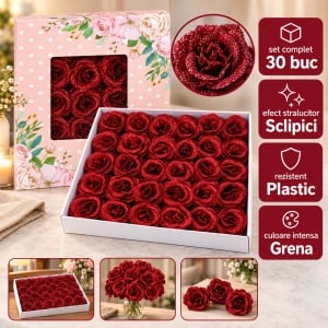 Trandafiri artificiali cu sclipici, set 30 de bucăți, grena, plastic, 8 cm