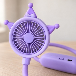 Ventilator de gât portabil cu 2 trepte de viteză, model cartoon cu coroniță, mov - Img 4