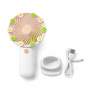 Ventilator portabil mini cu suport, USB, 3 viteze, design floral, alb - Img 3