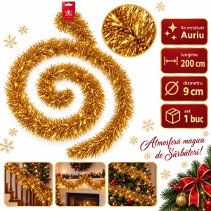Beteală de Crăciun cu fire metalizate, auriu, diametru 9 cm, lungime 2 m