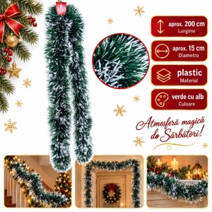 Beteală de Crăciun verde cu vârfuri albe, plastic, lungime 200 cm, diametru 15 cm - Img 5