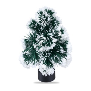 Brad decorativ de Crăciun artificial, cu lumini, verde cu alb, suport negru, 30x10cm