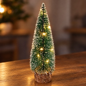 Brad decorativ de Crăciun cu LED, brăduț de masă pe bază din lemn, 15 cm - Img 6