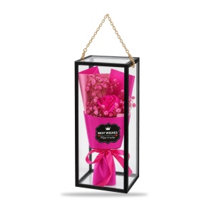 Buchet decorativ cu trandafir fucsia, în cutie transparentă cu mâner - Img 2