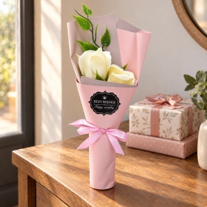 Buchet decorativ cu trandafiri galbeni, set cadou roz, 25 cm - Img 3