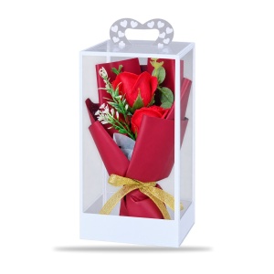 Buchet decorativ cu trandafiri roșii, fundă aurie, în cutie cadou, 25cm - Img 2