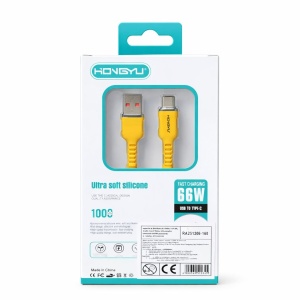 Cablu de încărcare rapidă și date USB Type-C Hongyu HY-CB04, silicon ultra moale, 66W, 1m, Galben - Img 2