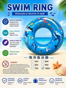 Colac gonflabil copii cu delfini, 100 cm, albastru, pentru piscina si mare - Img 2