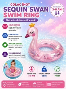 Colac gonflabil lebada cu sclipici pentru copii, 70 cm, roz, piscina si mare - Img 2