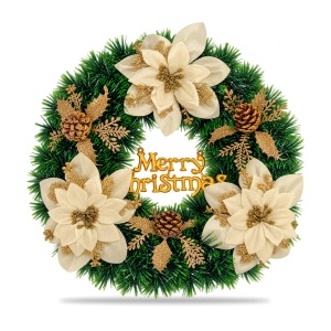 Coroniță de Crăciun cu flori aurii, conuri de pin și inscripție Merry Christmas, 34 x 30 cm - Img 2