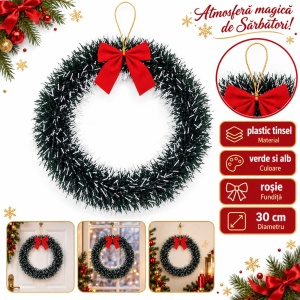 Coroniță de Crăciun din tinsel, verde cu vârfuri albe, fundiță roșie, 30 cm